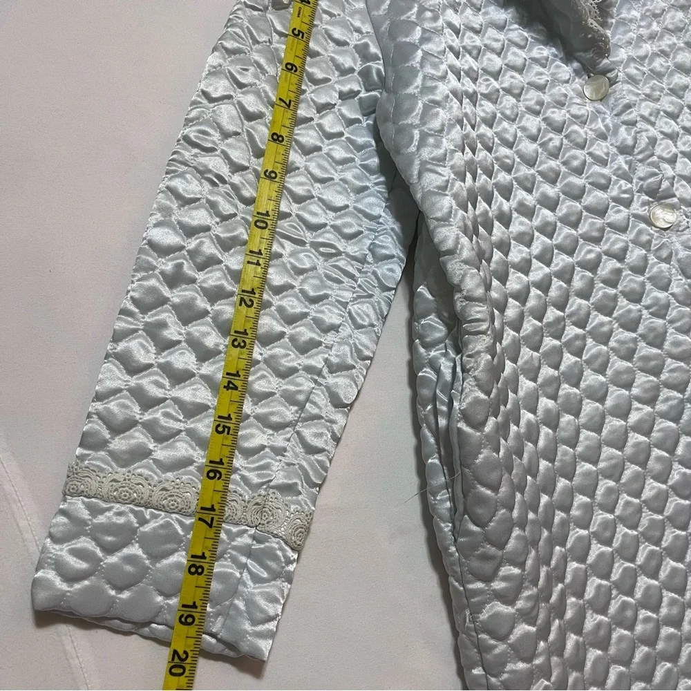 Vintage Dior Junior Quilted Satin‎ Lace Trim Robe Coat Light Blue Hostess 1960s